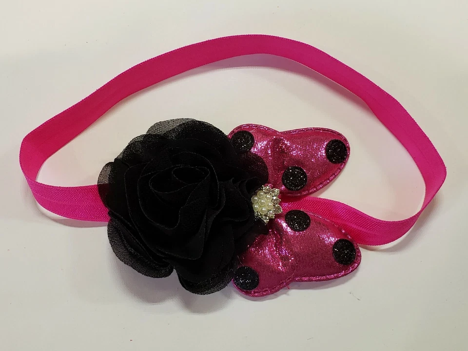 Cute! Hot Pink & black Minnie Mouse Baby Girl Elastic Headband Flower Hair Bow. - Image 2 of 2
