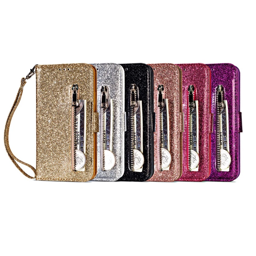 Glitter Wallet Case Zip Card Flip Cover for Samsung Galaxy S10e/S9+/S8+/S7 Edge - Image 2 of 4
