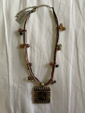 Chico’s Brown Square Pendant Necklace With Beads, Gold Color, Made In USA