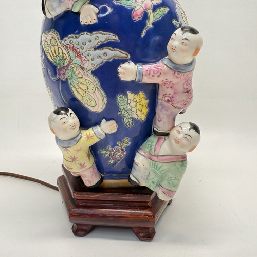 Chinese Ceramic Climbing Children Fertility Figural Lamp Hand Painted Butterfly - Picture 3 of 17