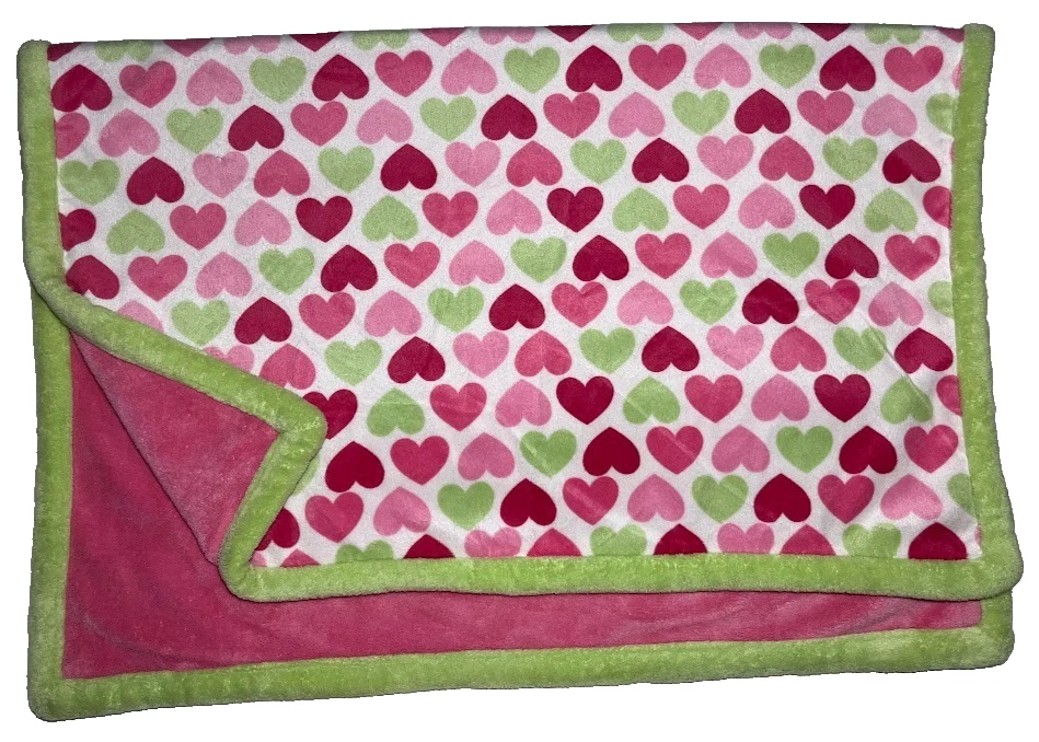 Baby Starters Pink Green Heart Blanket Plush htf White Lovey Security Soft - Image 2 of 4