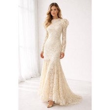 VTG Ivory Lace Maxi Wedding Dress Long Sleeve High Neck Mermaid Romantic Boho