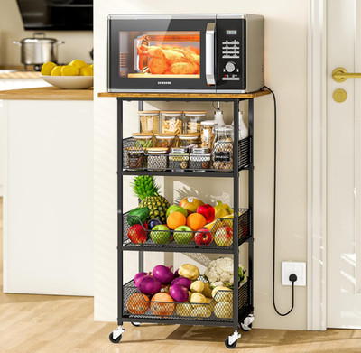 Estantería de Cocina de 4 Niveles con Ruedas y Frutero para Microondas