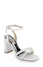 Badgley Mischka Women's Feisty Pearl Block Heel 8 Soft White Satin