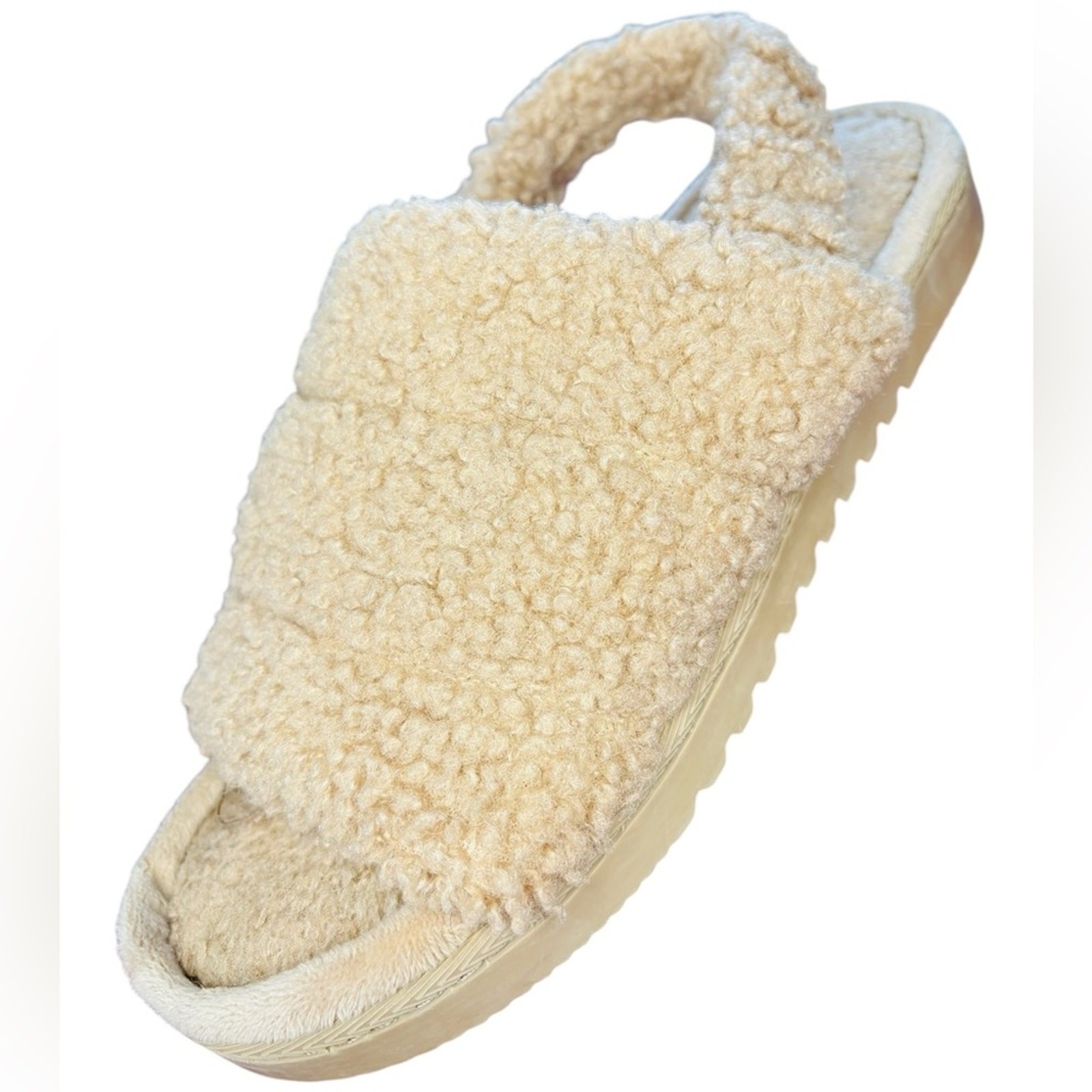 Cozy Cream Faux Fuzzy Slipper Sandals, Size 7-8