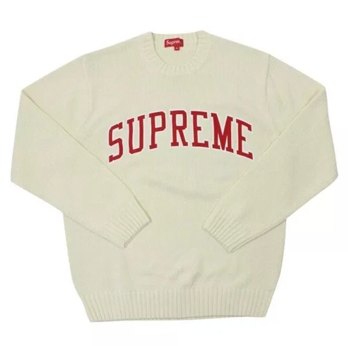 Pull col rond Supreme Tackle sergé crème blanc cassé rouge SS16 XL RARE