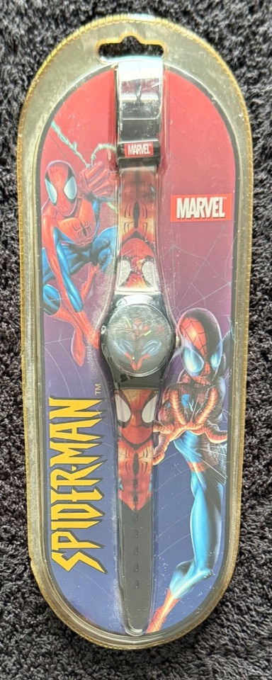 A factory-sealed 2002 Spider-Man watch that's survived 20+ years unopened — wearable nostalgia still in its original packaging.