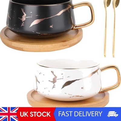 Keramik Kaffeebecher Set 2er Pack - Marmor & Gold Intarsien Porzellan Tassen mit Löffeln