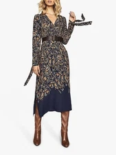 Reiss Erin Midi Dress Women’s UK 14 US 10 Navy Orange Abstract Print Long Sleeve