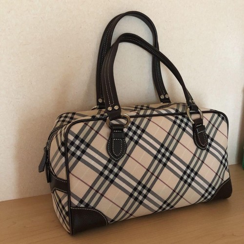 Burberry Blue Label Rare Pink Plaid Nylon Leather Boston Duffle Bag 13in Auth
