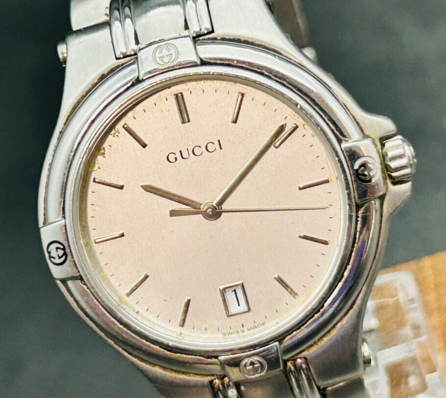 Gucci 9040M Silver Date Mens Quartz Watch 1-Day Shipping EXC+5