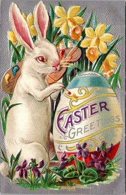 Postcard Easter Anthropomorphic Bunny Rabbit Painting Egg Orchids Iris c1910