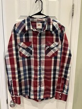 Levi's Standard Fit PEARL Snap Long Sleeve Shirt Mens L Red Plaid Flap Pockets