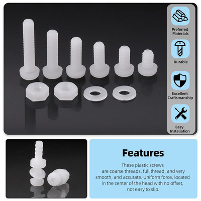 White Nylon M2 M3 M4 M5 M6 M8 Phillips Pan Head Screws With Hex Nuts Flat Washer