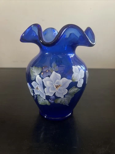 Fenton Cobalt Blue Handpainted Ruffled Vase Floral