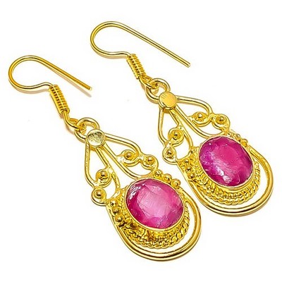 Ruby (Simulated) Gemstone Antique 18k Yellow Gold Plated Earring 1.95'' E7-625