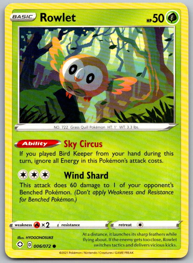 Rowlet 006/072 Common Shining Fates Pokemon Near Mint