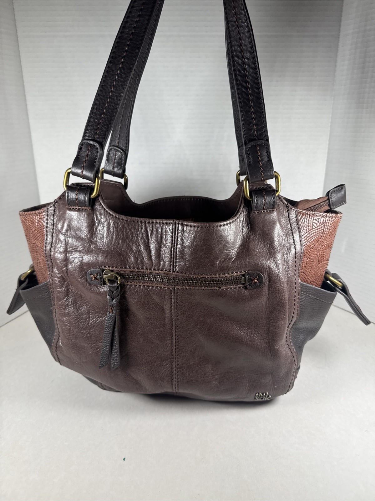 Handbag THE SAK Kendra Brown Leather Patterned Shoulder Bag w/ Pockets & Accents