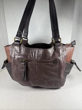 Handbag THE SAK Kendra Brown Leather Patterned Shoulder Bag w/ Pockets & Accents