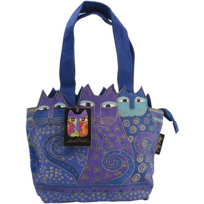 Laurel Burch Medium Tote Zipper Top 12''X3.5''X8.5''-Tres Gatos - Blue & Gold - LB4