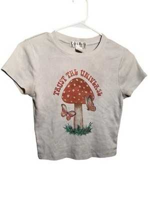 Cut & Paste Women s Size Small T-Shirt Ribbed Beige Trust The Universe Mushroom