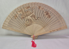 Vintage Chinese Sandalwood Hand Fan Pierced Wood Folding Fan w/ Tassel Box