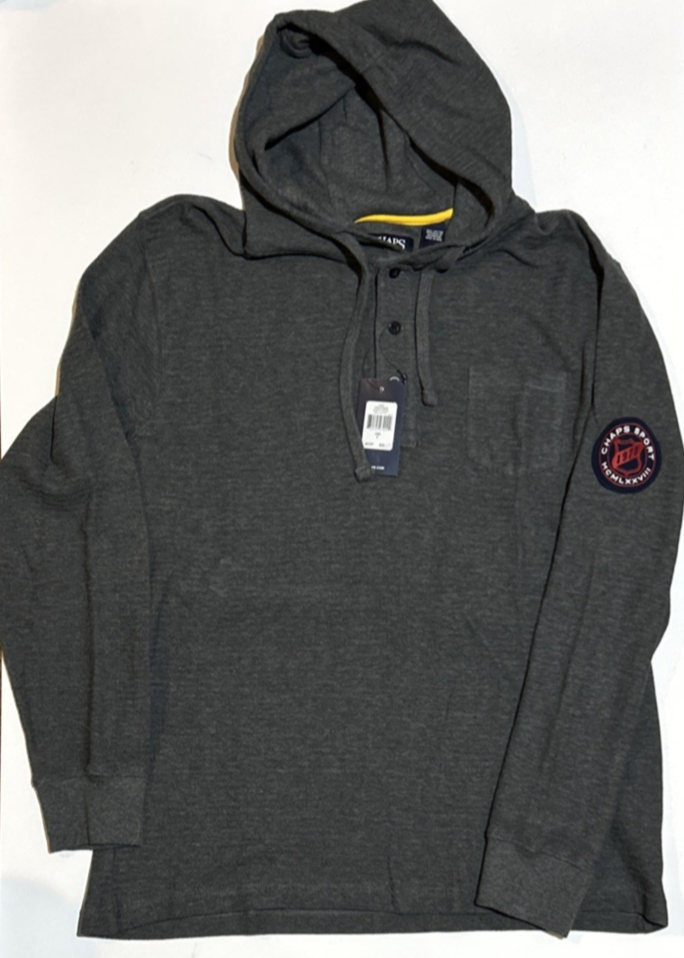 Men's Chaps Sport Hooded Button Closure Pullover Henley Gray Size