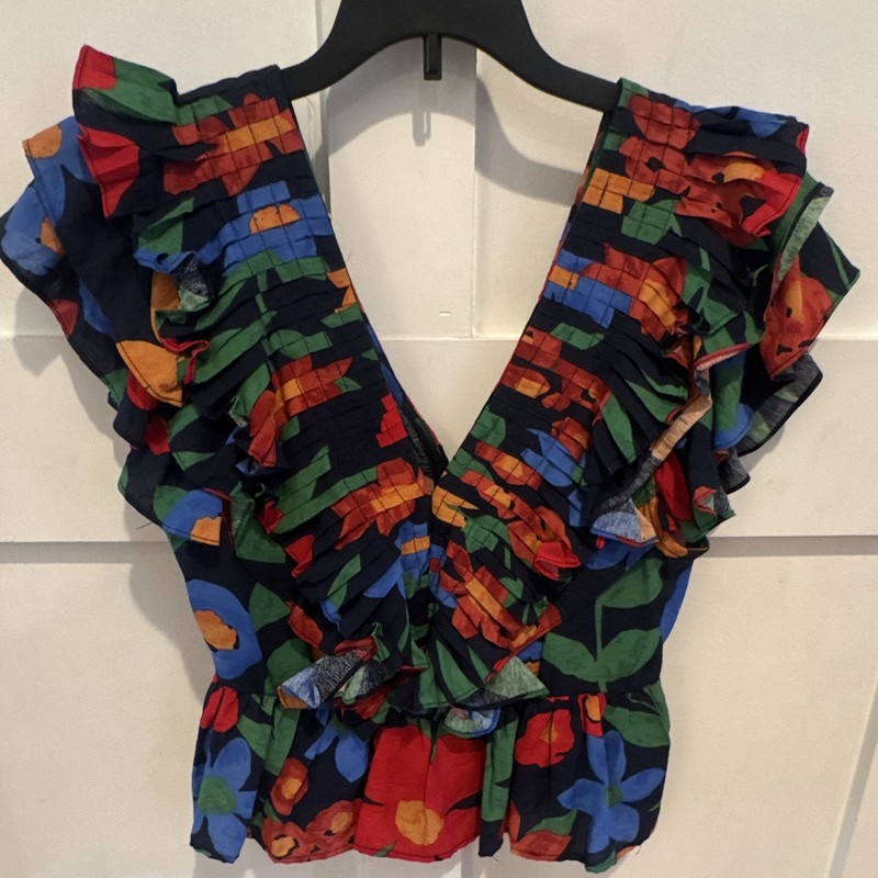 Entro Women's S Multicolor Floral V-Neck Ruffle Flutter Short Sleeve Blouse