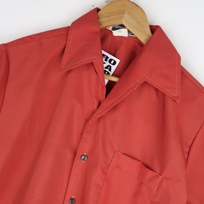 Vintage 70er Jahre rot Rost Dolchkragen Herren Hemd Disco Gr. M (V759)