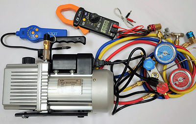 Lot:HVAC Tool Kit Set:Deep Vacuum Pump+Clamp Meter+Leak Detector+Manifold Gauge