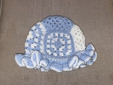 NWOT- Crochet Granny Square Ruffle Bucket Hat- Blue-White