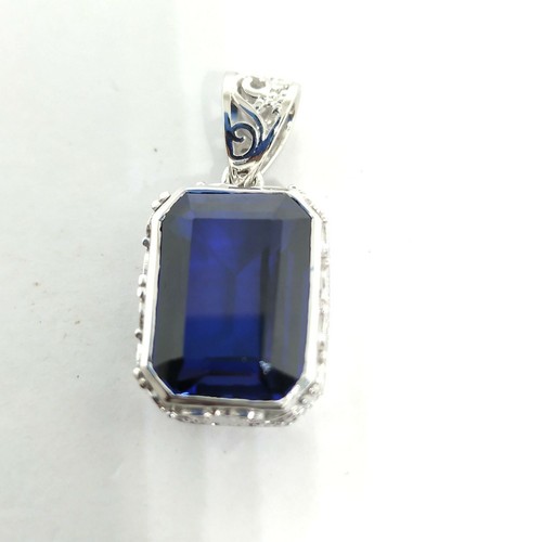 Vintage 5.65ct Synthetic Sapphire Pendant Necklace 14k White Gold Plated Silver - Picture 6 of 8