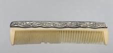 Vintage Ornate Embossed Silver Plate Beige Early Plastic Hair Comb- Vanity