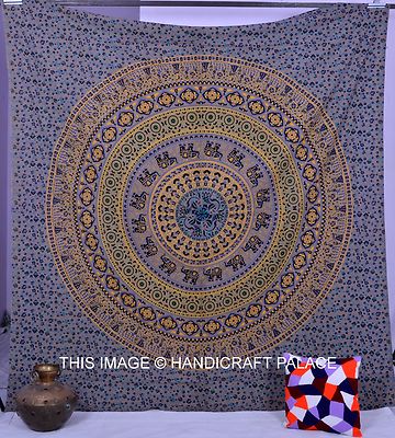 Throw Psychedelic Indian Grey Elephant Mandala Queen Wall Hanging Hippie Decor