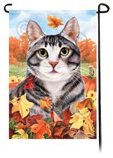 Falling Leaves Garden Flag - Silver Tuxedo Cat