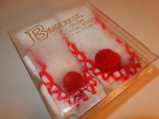 VINTAGE BABY DOLL BOOTIES RED WHITE WITH POM POM 4" LONG TINY MIB MINT IN BOX