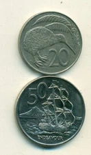 2 COINS from NEW ZEALAND - 20 CENT w/ KIWI BIRD & 50 CENT w/ SHIP (BOTH 1988)