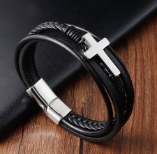 Black Leather Bracelet with Silver Stainless Steel Cross