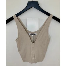 Joah Brown Crop Snap Tank in Khaki Beige Size S/M Pullover Ribbed Knit Snap