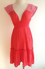 Free People V-Neck Dress Deep Coral & Pink Lace Cap Sleeve Cotton/Spandex Size 0