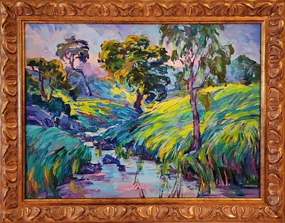 Fauvism Landscape Original Oil Painting Colorful Heavenly Garden in Gold Frame