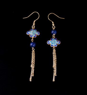 I04 Silver 925 Gold Plated Ball Lapis Lazuli Knot Cloisonne Earring