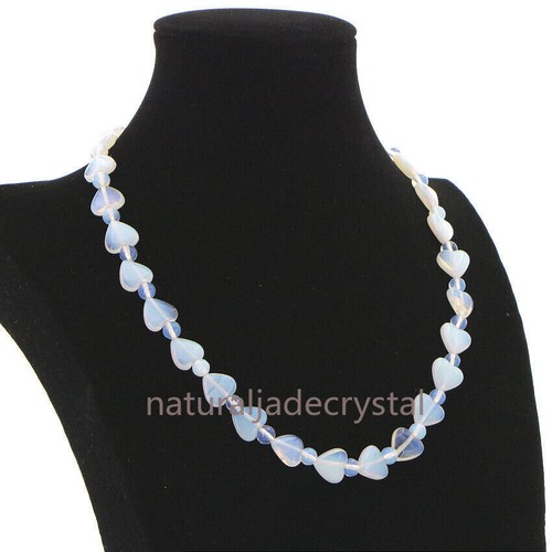 Pretty Natural12MM White Opal Moonstone Heart & Round Bead Gemstone Necklace 18" - Picture 4 of 7