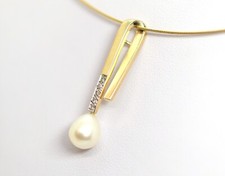 585 – 14kt Femme or Jaune Pendentif 0,05ct Diamants + Perle L:3,46cm sans Chaîne