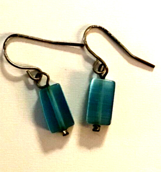 Vintage Earrings Clear Blue Rectangle Dangle Hook - image 1