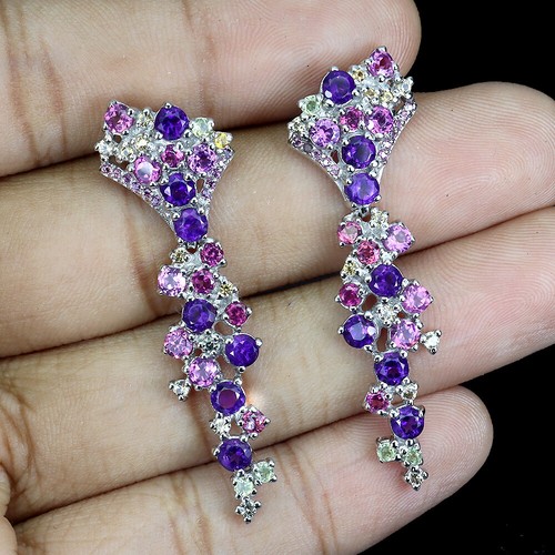 Summer 925 Silver Earrings Round Amethyst Sapphire Rhodorite Gemstone Jewelry - Picture 2 of 11