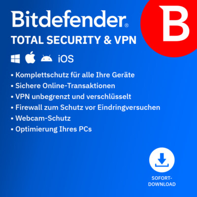 Bitdefender Total Security 2026 + unlimited VPN / 3 Geräte / 2 Jahre / KEY (ESD)