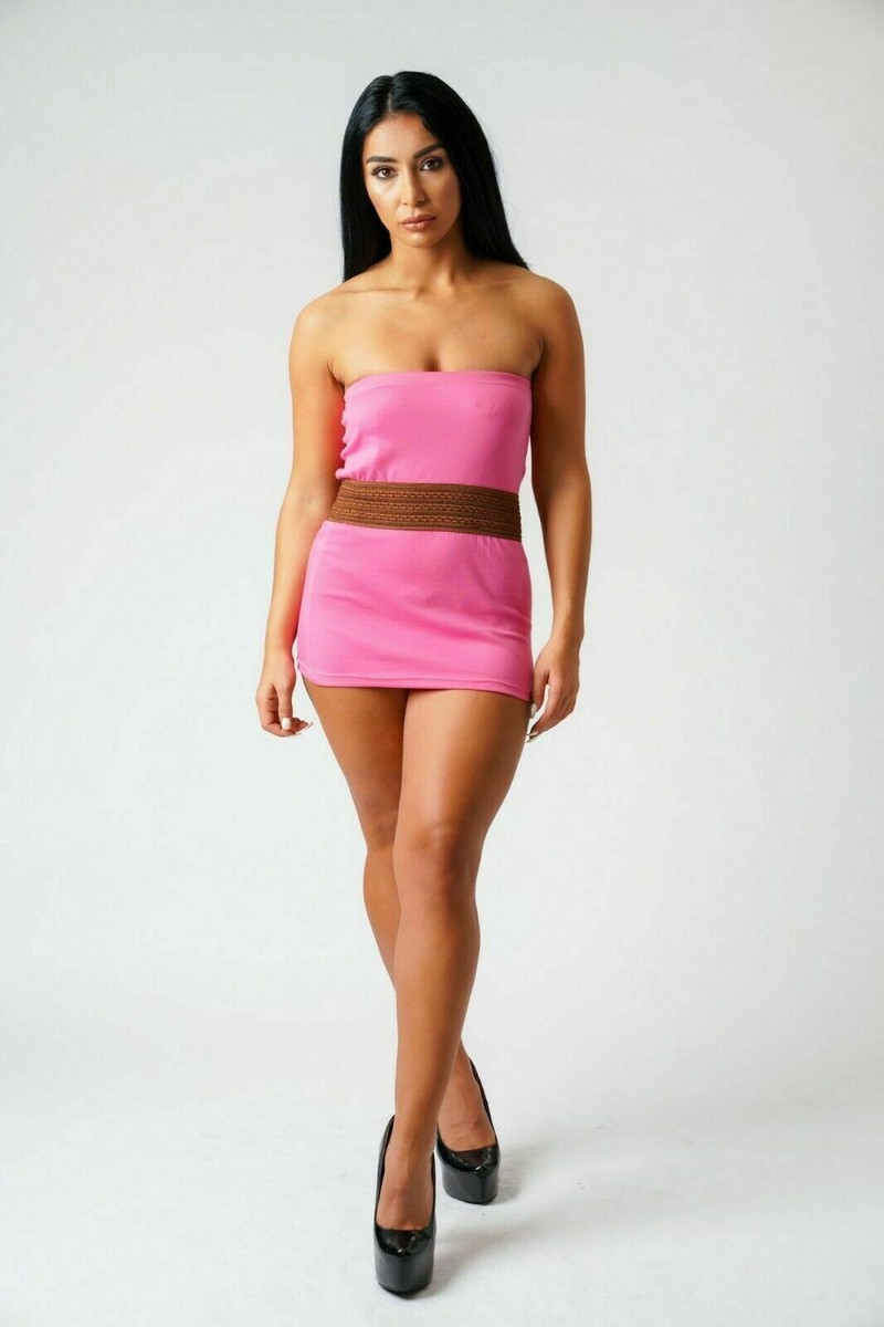 Women's Bandeau Pink Belt Mini Dress Boob Tube Strapeless Ladies Short  Dresses | eBay UK