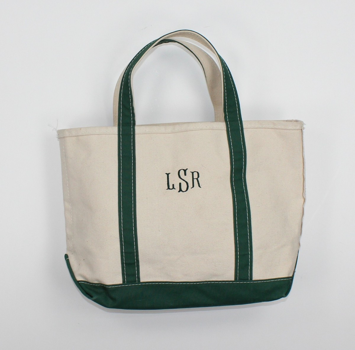 LL Bean Vintage Boat Tote Canvas Freeport Maine Large Green Crimp