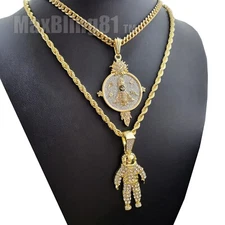 Gold Plated Alloy Cubic Zirconia Takeoff & Astronaut & Cuban Rope Chain Necklace